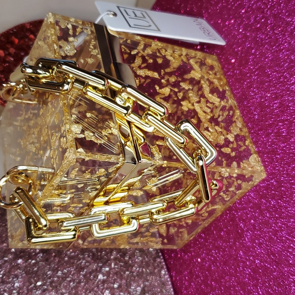 🎉HP🎉Urban Expressions 💜NWT💜 Acrylic Gold Foil Box Bag & Gold Chain Handle! - Picture 3 of 15